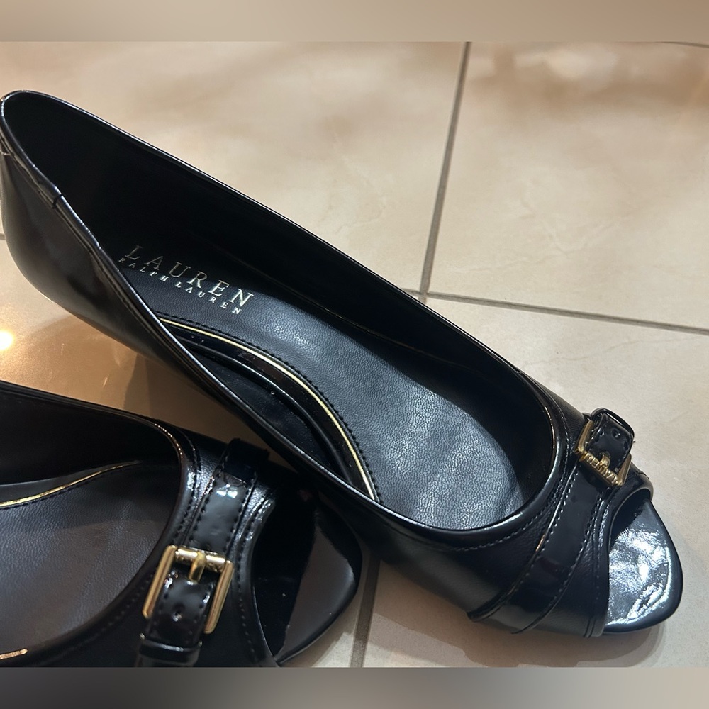 Lauren Ralph Lauren Black Buckle Peep-Toe Heels